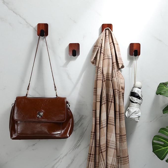 DELITON Acacia Wooden Towel Hooks Red Brown, 4 Pack Sticky Hooks for Hanging Towels, Coat, Hat, Robe, Heavy Duty, No Damage-NeatNest