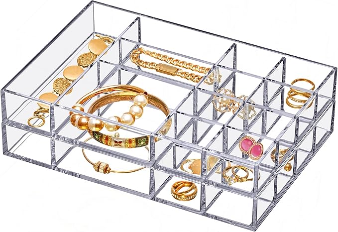 Amazing Abby - Jewel - 2-Pack Acrylic Jewelry Organizer, Plastic Jewelry Tray, Jewelry Case, Trinket Tray, Ring Holder, Perfect Storage Solution for Necklaces, Bracelets, Rings, and More