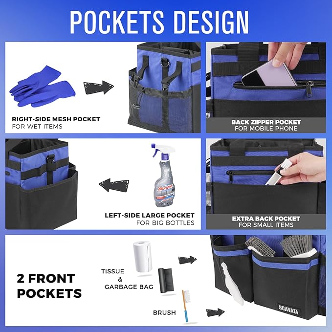 Compact Wearable Cleaning Caddy, Small Supplies Organizer with Handle & Shoulder Straps for Housekeepers, Under Sink & Car Cleaning Tool Organizer Bag (Blue)-NeatNest