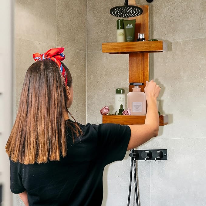Utoplike Teak Shower Caddy Hanging, Shower Organizer Over Shower Head, Wooden Bathroom Shelf Holder with Hooks for Shampoo, Soap, Towels, No Drilling