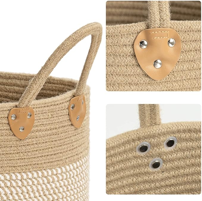 CHICVITA Large Wicker Jute Woven Storage Basket with Handles – Blanket Laundry Basket for Toys Towels Home Decor, White, 14" x 14" x 12"-NeatNest