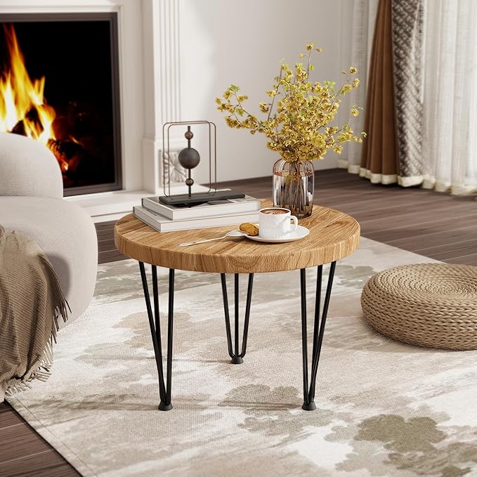 Fun Memories Round Coffee Table - Elm Wood Nesting Table with Metal Legs & Non Slip Feet Base - Rustic Nesting End Tables for Living Room Bedroom - 20" D x 20" W x 16" H - Natural Color