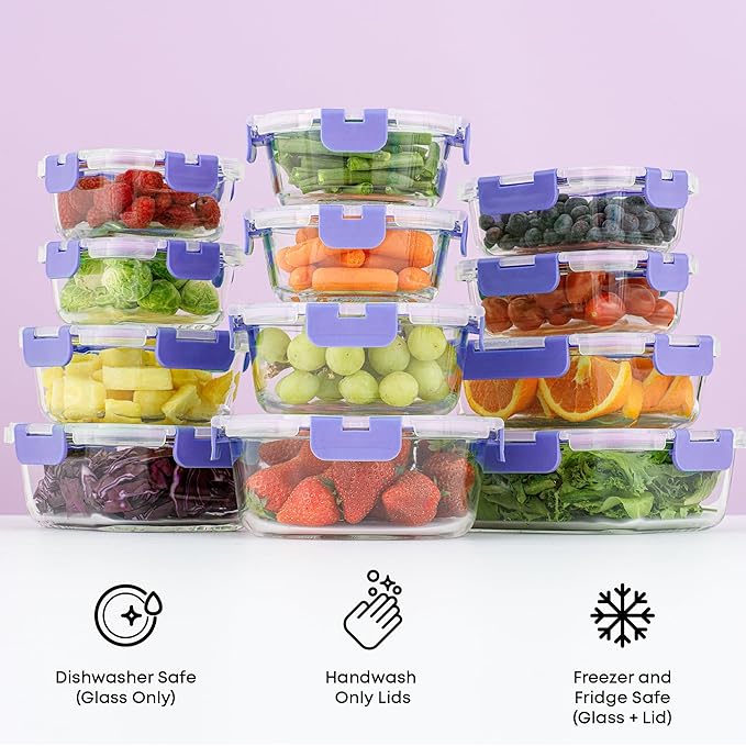 JoyJolt 24pc Borosilicate Glass Storage Containers with Lids | 12 Airtight/Freezer Safe Food Storage Containers for Pantry and Kitchen | Meal Prep Container for Lunch | Glass Tupperware Set