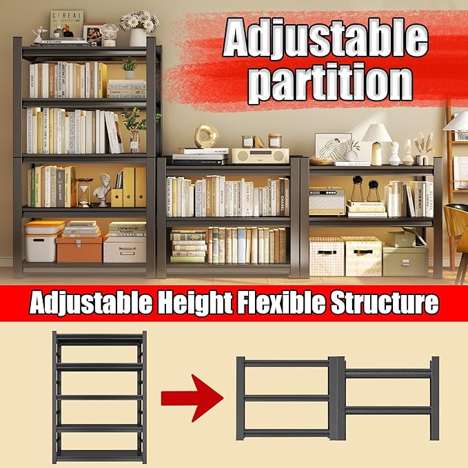 Bookshelf 5 Tier Metal Wide Bookshelves, Heavy Duty Bookcase Tall Book Shelf Storage Organizer, Adjustable Bookshelf For Bedroom/Living Room/Home Office/Library, Black(with fence-78"H*47.24"W*18"D)-NeatNest