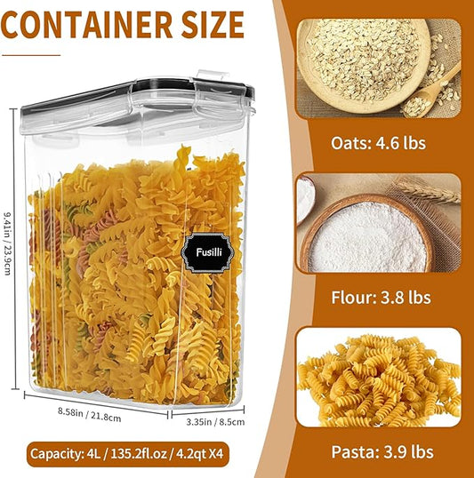 Cereal Containers Storage Set (4L / 135.2oz), 4PCS Airtight Food Storage Containers with Lids, Cereal Dispensers for Kitchen Pantry Organization and Storage with Pour Spout, 20 Labels, Marker-NeatNest