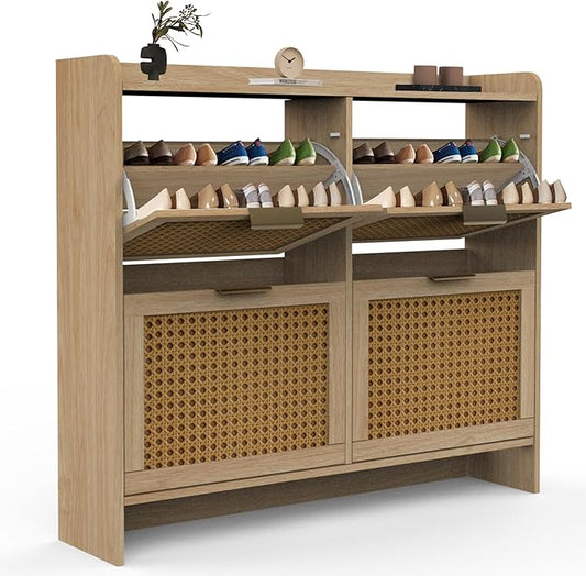 Hidden Shoe Storage Cabinets with 2 Flip Drawers and Metal Legs, Freestanding Narrow Shoe Organizer Rack for Entryway, Natural-NeatNest