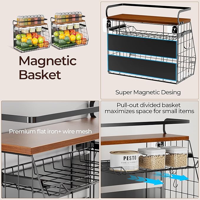 Delamu Magnetic Shelf for Fridge with Wood Lid, 3 Tier Pull Out Fridge Magnet Organizer, Magnetic Spice Rack for Refrigerator, Cabinet, Kitchen Counter, Laundry (2 Pack)-NeatNest