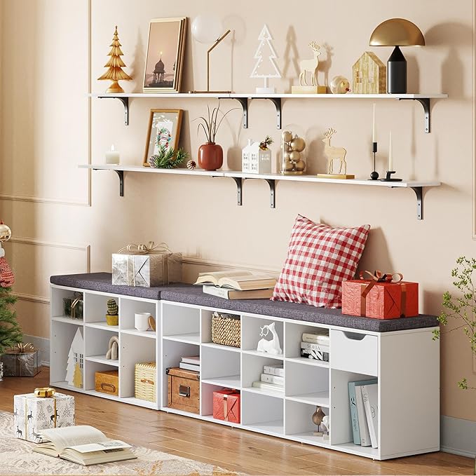 DINZI LVJ Shoe Bench, Entryway Storage Bench with Drawer and 14 Cubbies, Long Cubby Shoe Rack with Adjustable Shelves, Organizer for Living Room, Bedroom, Mudroom, Garage, White-NeatNest