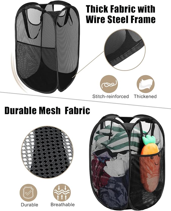 HOUSE AGAIN Mesh Popup Laundry Hamper, [Reinforced] Collapsible Laundry Basket, Foldable Pop Up Hamper with Durable Handles, Easy to Open and Fold for Dorm, Laundry Room, Bedroom, Travel, (Black)-NeatNest
