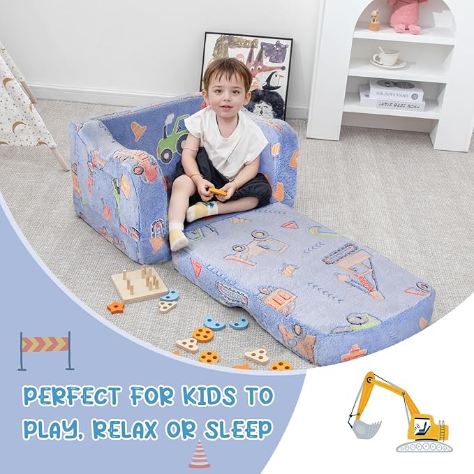 Comfy Toddler Chair and Couch for Kids with Blanket,2-in-1 Soft Plush Fold Out Toddler Couch for Girls and Boys,Convertible Sofa to Lounger for Playroom,Car Excavator-NeatNest