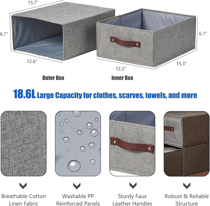 Closet Drawer Organizer Stackable Fabric Storage Boxes Bins Baskets with Lid PU Leather Handles Foldable Washable Cotton Linen Wardrobe Shelf Clothes Towels Container (Gray, Large)-NeatNest