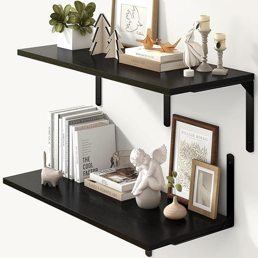 Fun Memories Floating Shelves for Wall, 12 Inch Deep Floating Shelves Set of 2, Wall Mounted Shelf with Metal Brackets, Rustic Wood Wide Shelf for Bathroom, Kitchen and Living Room, Black, 32W x 12D-NeatNest