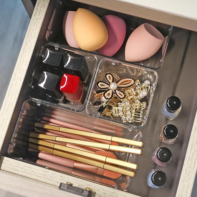 25 PCS Clear Plastic Drawer Organizer Set,Vanity Organizer Storage Bins Containers,4 Size Desk Drawer Organizer Tray-NeatNest