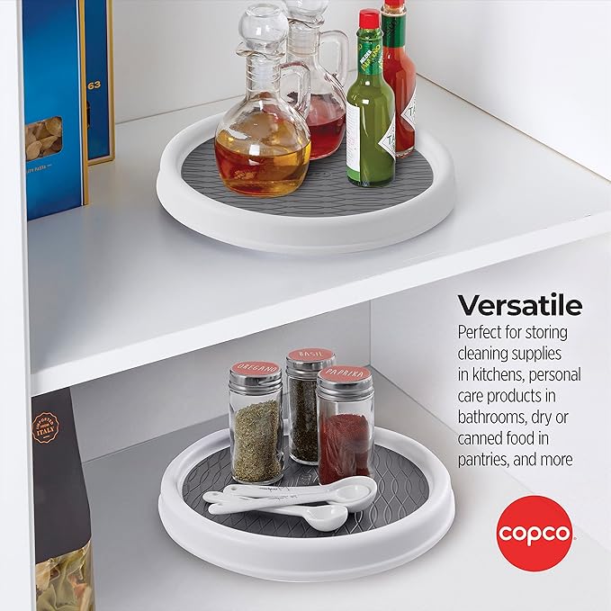 Copco 9 Inch Non Skid Pantry Cabinet Lazy Susan Turntable, Set of 2, Spinning Organizer for Kitchen, Countertop, or Bathroom, White and Gray-NeatNest