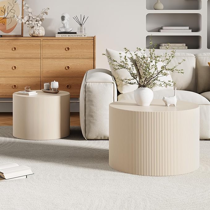 Round Coffee Table Set of 2, Modern Wooden Beige Nesting Coffee Tables for Living Room, No Assembly Required Circle Side Tables Set Accent End Table for Bedroom, Balcony