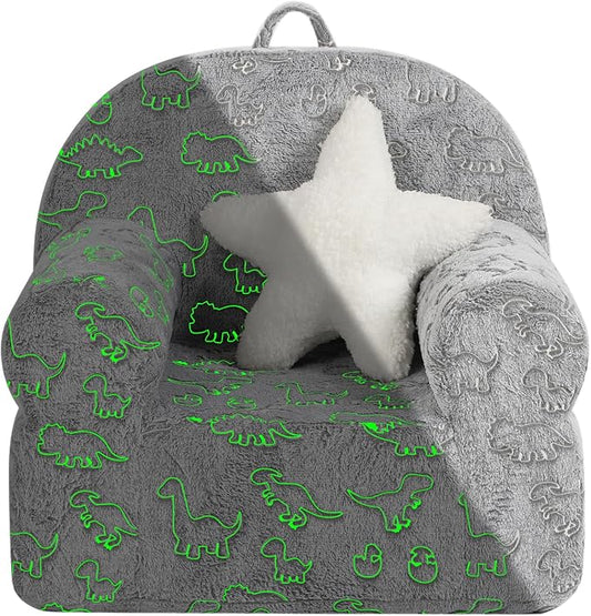 Dinosaur Glow in The Dark Kids Sofa with Star Throw Pillow, High Back Toddler Chair Glow in The Dark for Boys and Girls, Grey-NeatNest