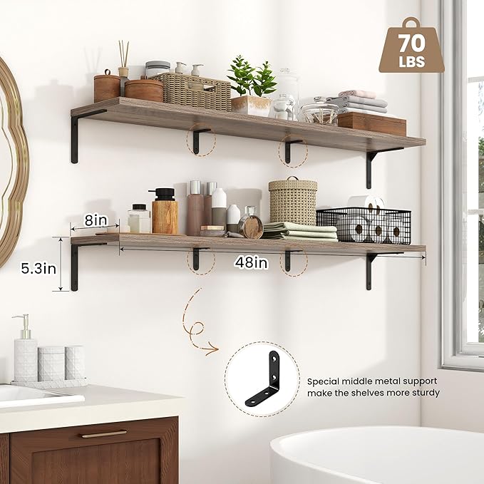 Fun Memories Deep Floating Shelves, 48W x 8D Floating Shelves Set of 2, Wall Mounted Shelf with Metal Brackets, Rustic Wood Wall Shelf for Bathroom, Kitchen and Living Room, Grey-NeatNest