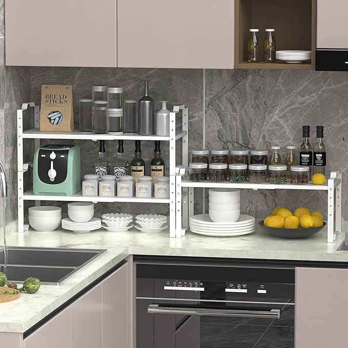 Expandable Shelf for Cabinet Organizer Adjustable Stackable Spice Rack at Kitchen and Bathroom More, Counter Countertop Cupboard Organization Pantry Storage(3 Packs/White,Medium)-NeatNest