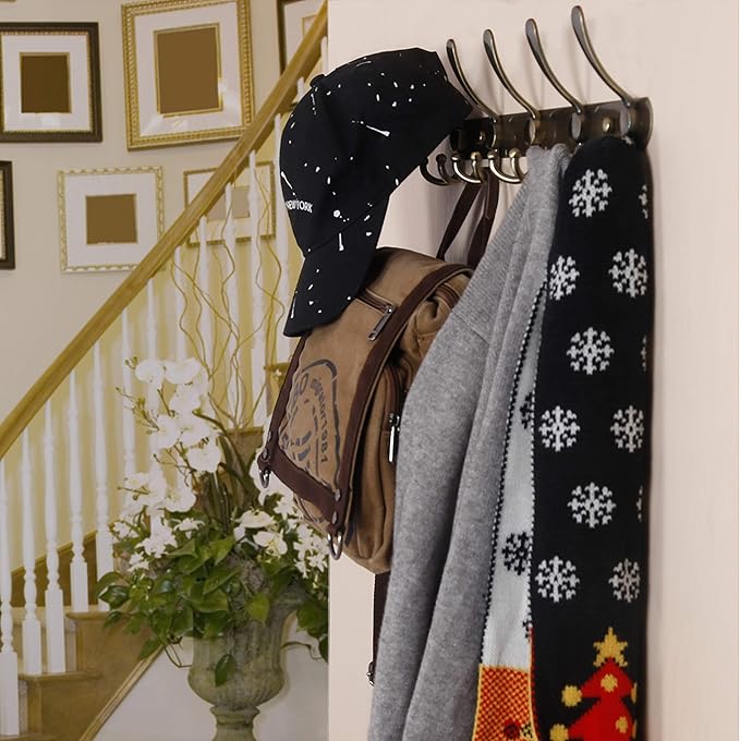 Dseap Wall Mounted Coat Rack - 5 Tri Hooks, Heavy Duty, Stainless Steel, Metal Coat Hook Rail for Coat Hat Towel Purse Robes Mudroom Bathroom Entryway (Bronze, 2 Packs)-NeatNest