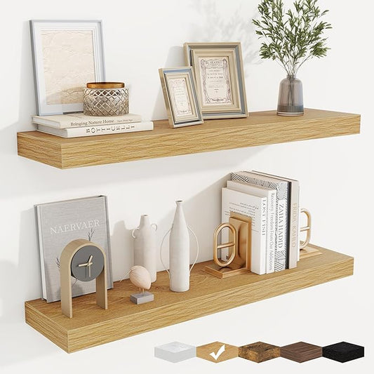 fuqing Floating Shelves for Wall, Bathroom Shelf Wall Mounted for Storage, Shelves with Invisible Bracket for Bedroom, Kitchen, Living Room, Farmhouse Small Book Shelf, 32 Inch Set of 2, Oak-NeatNest