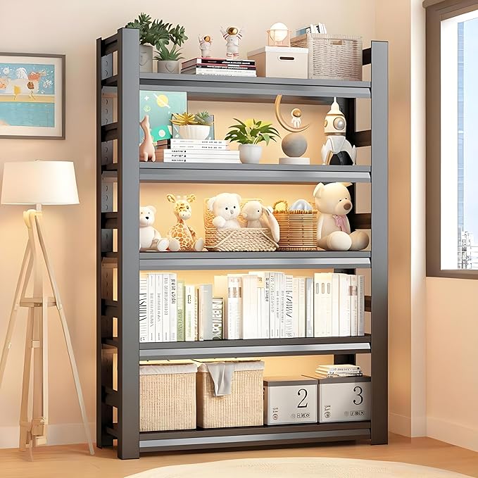 Book Shelf 5 Tier Metal Wide Bookshelves,Tall Bookshelf Industrial Bookcase Adjustable Book Shelves For Bedroom/Living Room/Library,Book Shelf Organizer Black(with fence-47.2"W*23.6D*72"H)-NeatNest