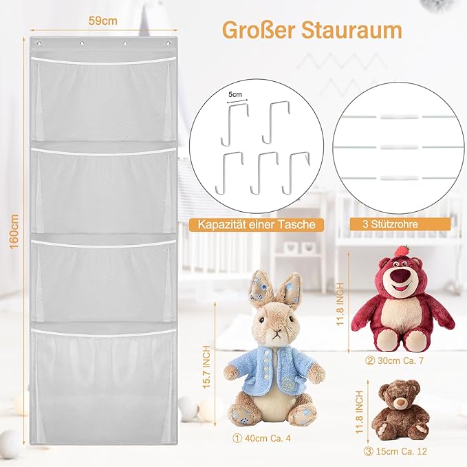 Hanging Stuffed Animal Storage, Over Door Large Plush Toy Organizer with Metal Hook, Baby Accessory Holder Idea for Nursery, Doll & Bear Mesh Hammock Bag for Girl Boy Kid Room-NeatNest