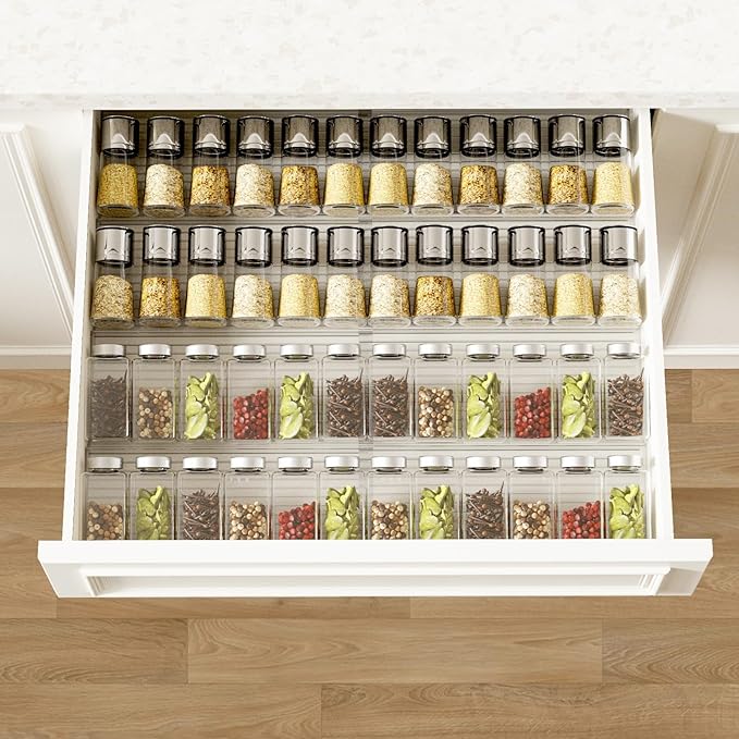 AMBIRD Spice Drawer Organizer, 4 Tier-2 Set Clear Spice Rack Tray Expandable From 11'' to 22'', Seasoning Organizer with non-slip tape for Kitchen, Cabinet, Drawers, Countertop(JARS NOT INCLUDED)-NeatNest