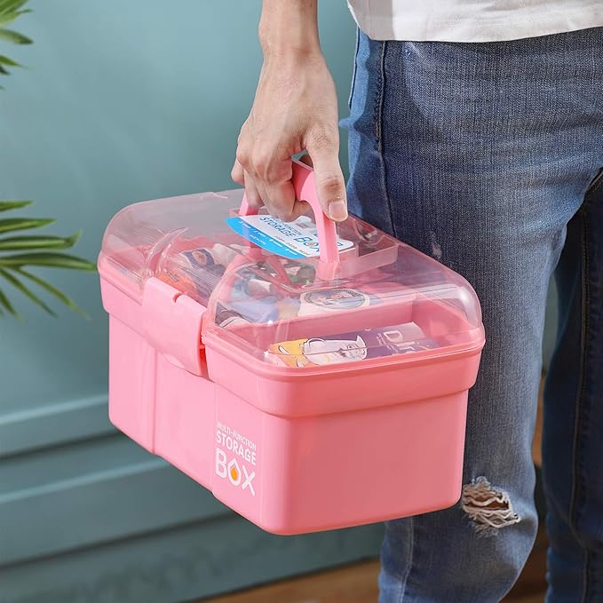 11'' Plastic Storage Box with Removable Tray, Multipurpose Organizer and Storage Case for Art Craft and Cosmetic (Pink)