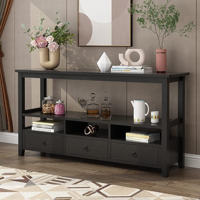 Karl home Console Table with 3 Bottom Drawers, 57.9" W Sofa Side Table Entryway Desk with 3 Storage Cubbies 1 Open Shelf, Vintage TV Stand for Hallway Living Room Office, Black 29.9" H-NeatNest