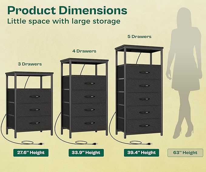 Huuger Night Stand with Charging Station, 4 Drawer Dresser for Bedroom, Bedside Table, 33.9 Inch Tall Nightstand with Open Shelf, End Table, for Closet, Entryway, Bedroom, Black 8055BC