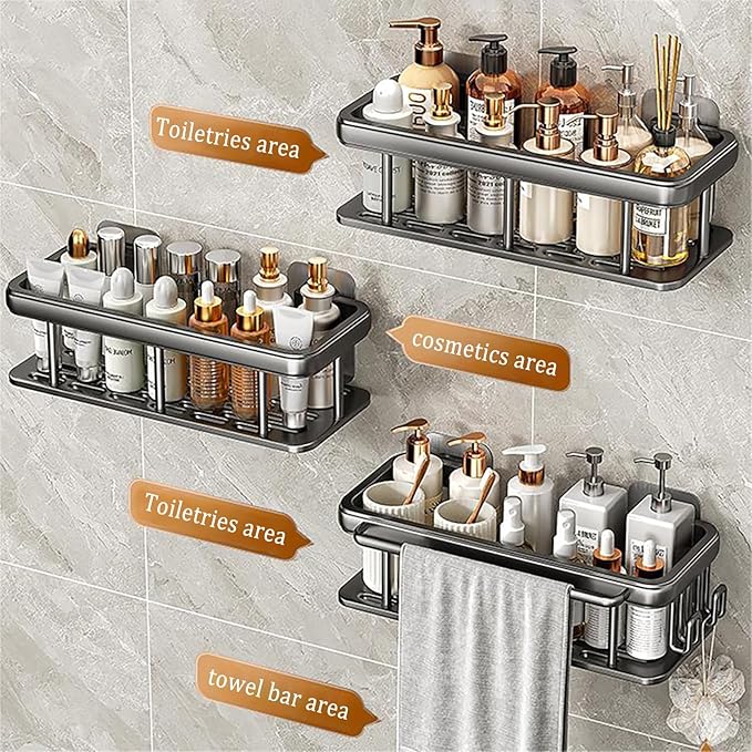 EVALAND Aluminum Shower Caddy, Adhesive Shower Shelves, 2-Pack with Hooks and Rod for Towels, No Drill Wall Mount Rustproof Premium Organizer for Bathroom, Kitchen, Silver