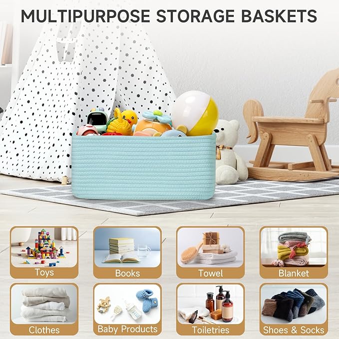 3-Pack Storage Baskets for Organizing | Woven Shelf Toy Basket | Rope Baskets for Gifts Empty | Closet Organizer Bins with Handles | Cube Decorative Box | 13.7×7.1×6.7” | Light Blue-NeatNest
