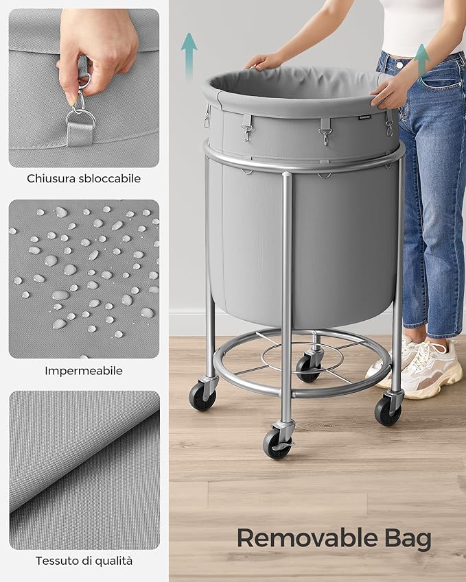 SONGMICS Laundry Basket with Wheels, Rolling Laundry Hamper, 29 Gal., Round Laundry Cart with Steel Frame and Removable Bag, 4 Casters and 2 Brakes, Gray and Silver URLS002G01