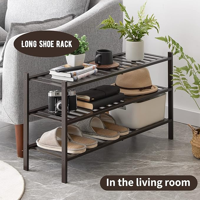 Long Shoe Rack, 3-Tier Bamboo Stackable Shoe Shelf Storage Organizer, Shoe Stand for Closet, Entryway and Hallway-NeatNest