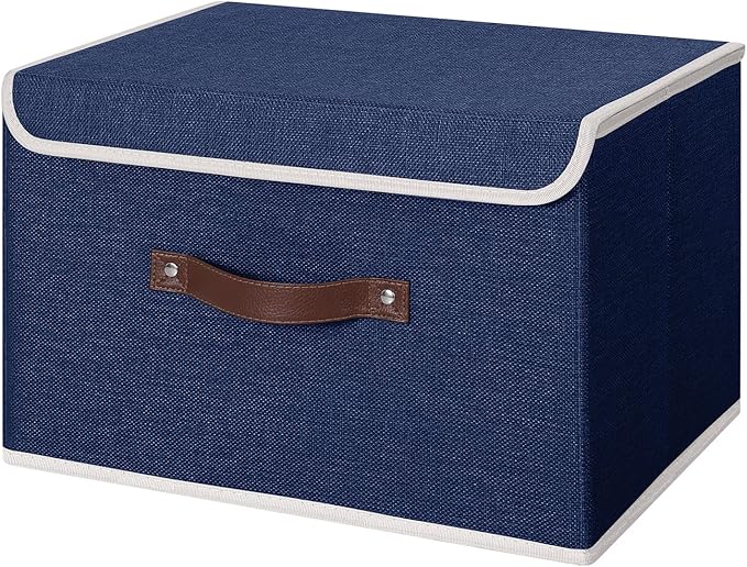 ANMINY Storage Bin with Lid Storage Boxes with PU Leather Handles PP Plastic Board Decorative Foldable Lidded Cotton Linen Fabric Home Cubes Baskets Closet Organizer Container - Blue, Large Size-NeatNest