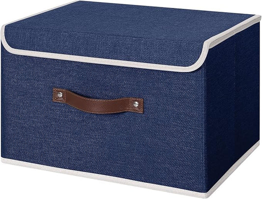 ANMINY Storage Bin with Lid Storage Boxes with PU Leather Handles PP Plastic Board Decorative Foldable Lidded Cotton Linen Fabric Home Cubes Baskets Closet Organizer Container - Blue, Large Size-NeatNest