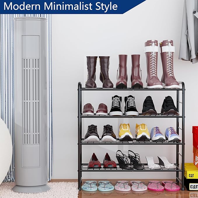 REGILLER 4-Tier Stackable Shoe Rack, Expandable & Adjustable Shoe Organizer Storage Shelf, High Capacity, Wire Grid, Black-NeatNest