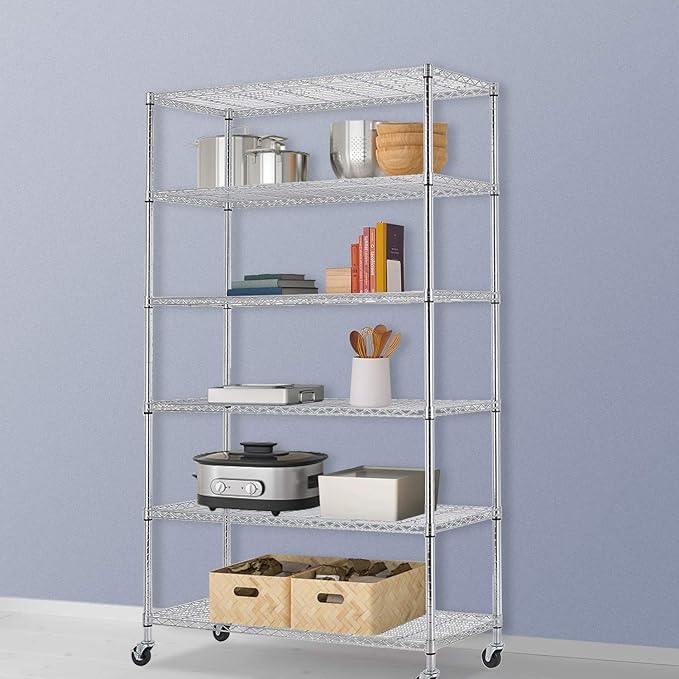 48" D×18" W×82" H Wire Shelving Unit Metal Shelf with 6 Tier Casters Adjustable Layer Rack Strong Steel for Commercial Restaurant Garage Pantry Kitchen Garage，Chrome-NeatNest