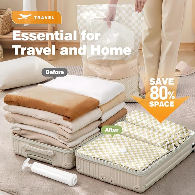 14 Pack Vacuum Storage Bags,Vacuum Seal Bags for Clothing with Hand Pump, 2 Jumbo+4 Large+3 Medium+5 Small, 80% Space Saver Bags for Luggage,Comforters,Blankets, Home Travel Essentials(Khaki Check)-NeatNest
