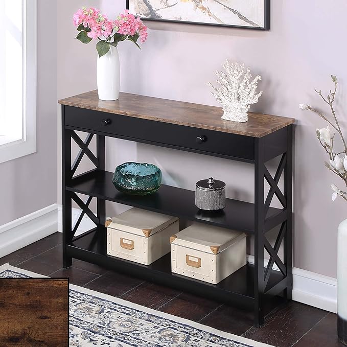 Convenience Concepts Oxford 1 Drawer Console Table with Shelves, Barnwood/Black-NeatNest