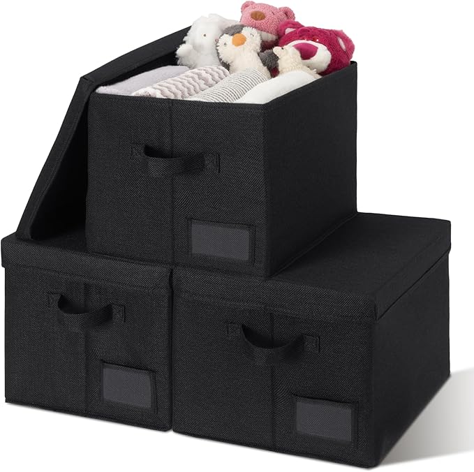 GRANNY SAYS Storage Bins with Lids, Linen Storage Bins, Storage Bin for Shelves, Decorative Storage Boxes, Clothes Storage and Organization for Organizing, 3-Pack, Jumbo, Black-NeatNest