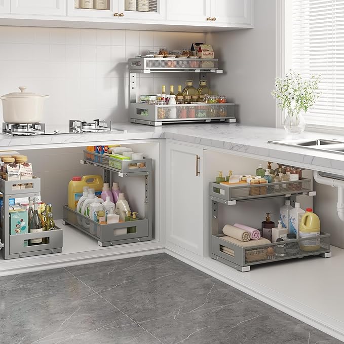 1 Pack 17IN Depth Under Sink Storage Organizer, Large 2-Tier Elegant Mesh Pull Out Shelf for Kitchen and Bathroom Cabinet Organization, L-Shaped and Adjustable Height Design-Gun Gray-NeatNest