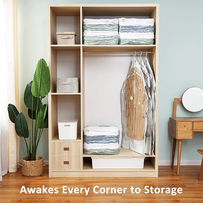 TAILI 6 Pack Vacuum Storage Bags, Combo Vacuum Seal Bags for Clothing (3 Long Hanging+3 Jumbo Cube), Space Saver for Clothes, Beddings, Blanket, Closet Organization and Storage, Cream