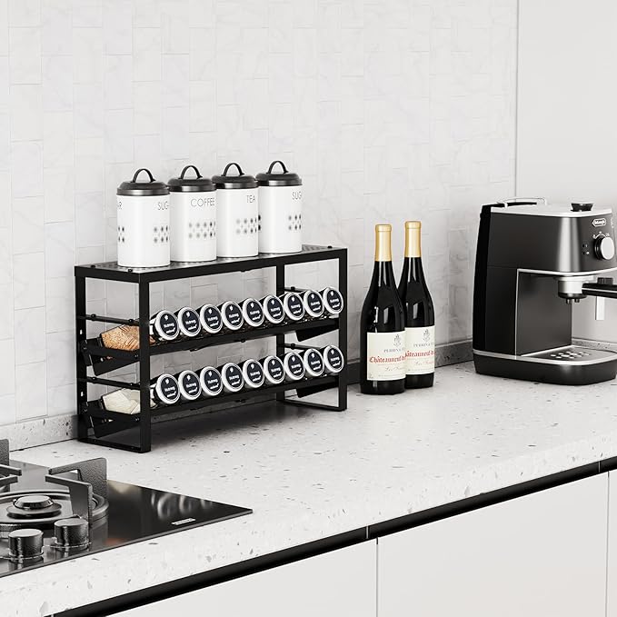 Expandable, Stackable, Adjustable Spice Rack Kitchen Organizer,Metal Pantry Storage Shelves - Multi-Tier Shelf for Cabinet, Countertop, Pantries, Cupboard or Wall Mount,Black-NeatNest