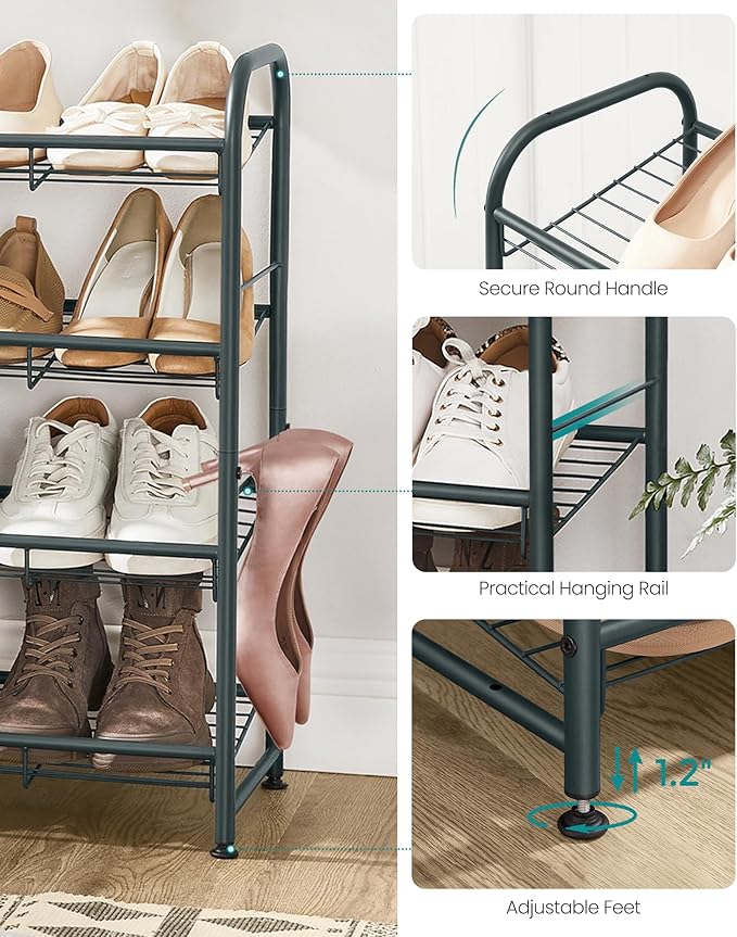 SONGMICS Shoe Rack, 4 Tier Shoe Organizer for Closet, Holds up to 16 Pairs of Shoes, Shoe Rack for Front Door Entrance, Metal Shoe Shelf with Adjustable Tilt Angle, for Entryway, Garage, Grey-NeatNest