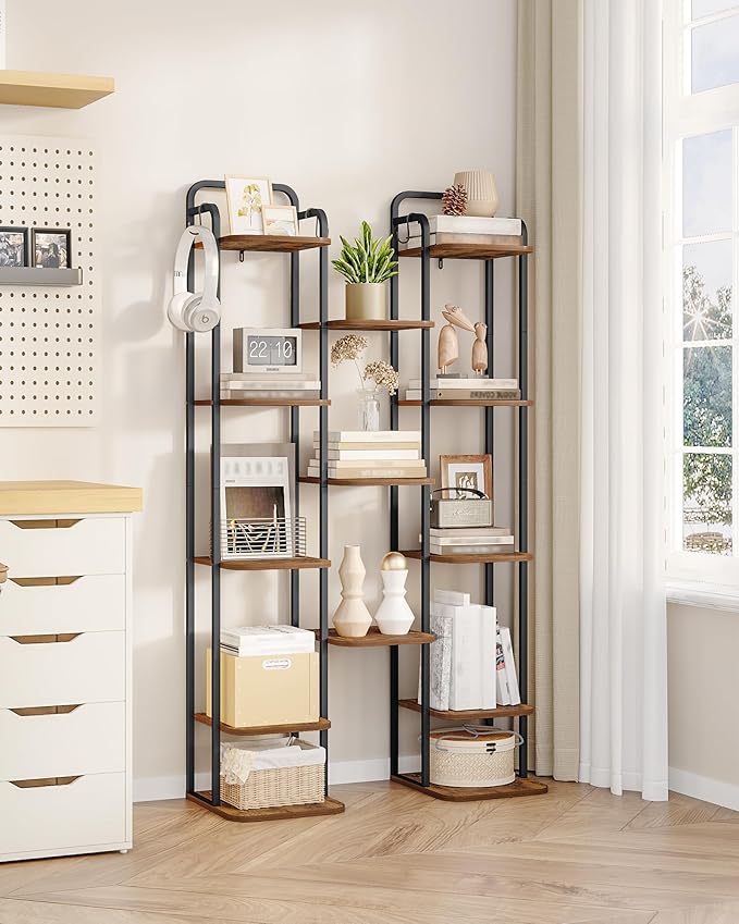 8 Tiers Vertical Shoe Rack, Narrow Shoe Tower, Tall Shoes Shelf with 2 Hooks, Adjustable Shelves, Corner Shoes Shelves for Small Spaces, Entryway, Living Room, Rustic Brown SR04301B-NeatNest