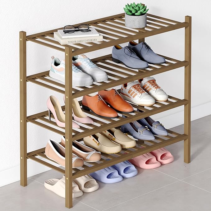 Smiry Bamboo Shoe Rack for Closet, 4 Tier Wooden Stackable Shoe Organizer, Free Standing Shoes Storage Shelf for Entryway, Front Door Entrance, Walnut-NeatNest