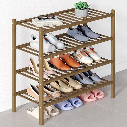 Smiry Bamboo Shoe Rack for Closet, 4 Tier Wooden Stackable Shoe Organizer, Free Standing Shoes Storage Shelf for Entryway, Front Door Entrance, Walnut-NeatNest