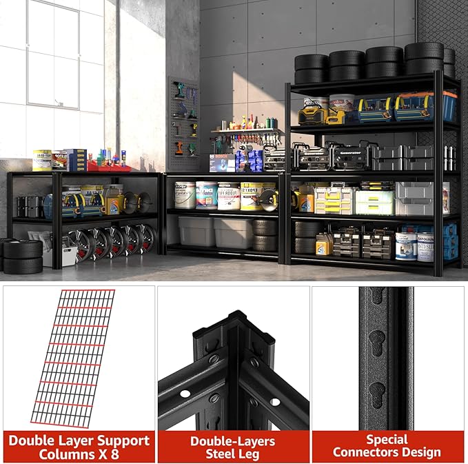 5 Tier Metal Storage Shelves, 3000LBS, 84" H x 55.12" W x 23.62" D, Heavy Duty Garage Shelving, Adjustable Shelving Unit for Warehouse, Basement, Kitchen, Store Display, Flower Stand, Black-NeatNest