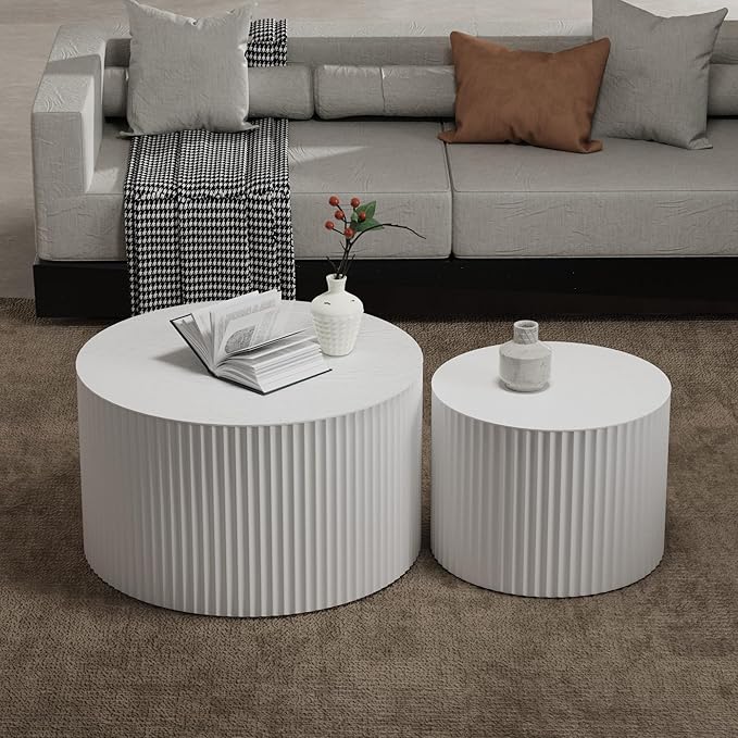 Round Coffee Table Set of 2 Modern Nesting Coffee Tables Wooden Drum Coffee Tables with Non-Slip Feet, Circle Nesting Tables End Table for Living Room Office, No Assembly (White 27.56"+19.69")